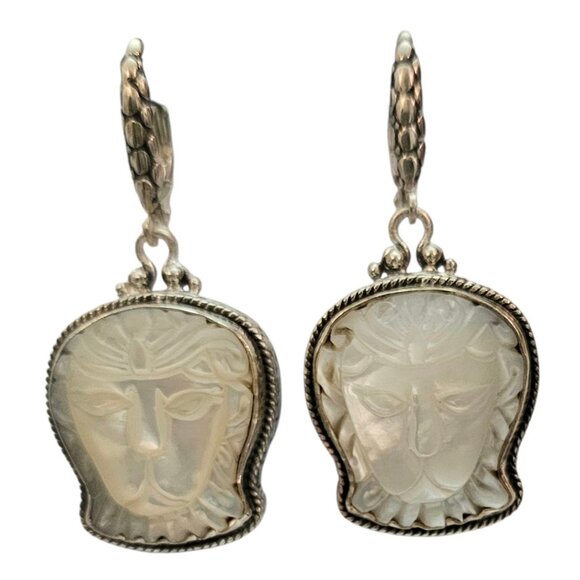 Sarda Sterling Silver Mother-of-Pearl Carved Lion Lever Back Earrings, Signed - Picture 4 of 10